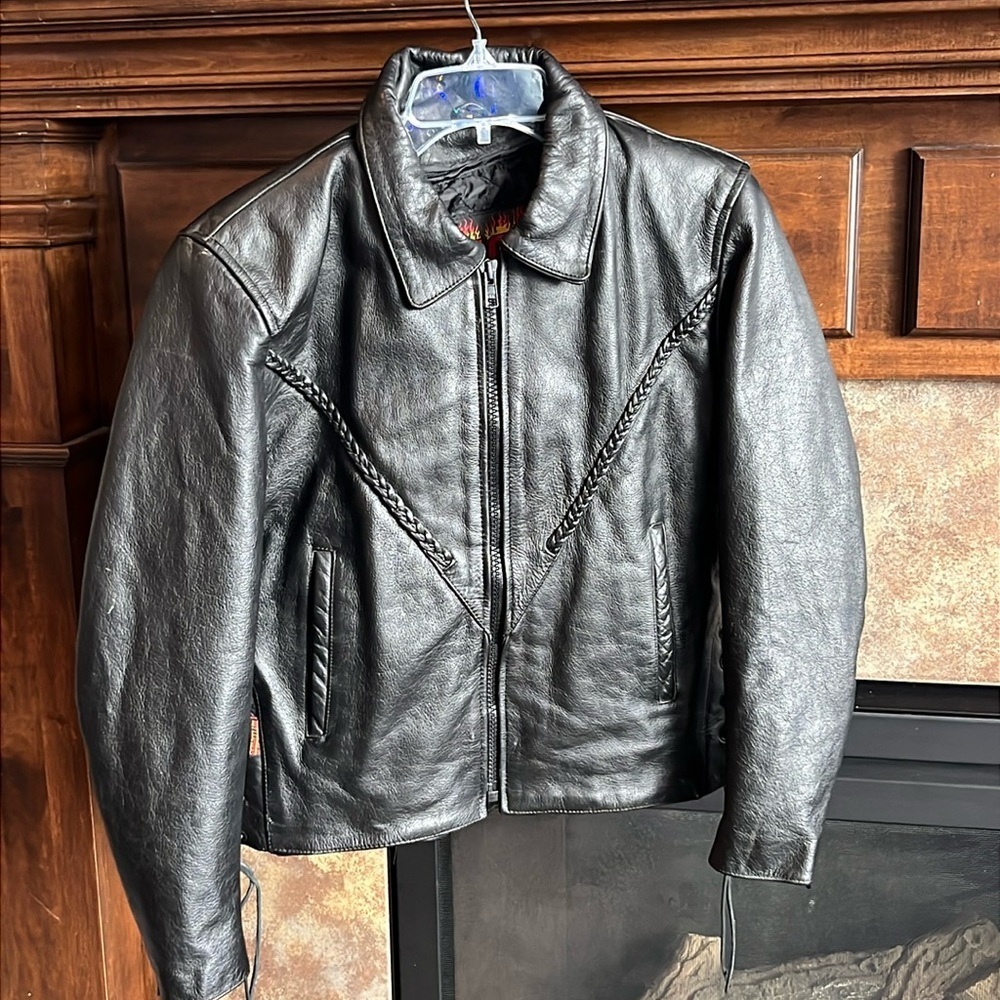 Black lined leather biker moto jacket braided details side lace up details S